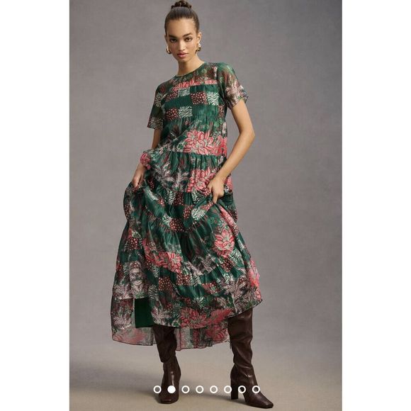 New ANTHROPOLOGIE Bhanuni by Jyoti Tiered Short-Sleeve Dress size Small - Picture 2 of 10